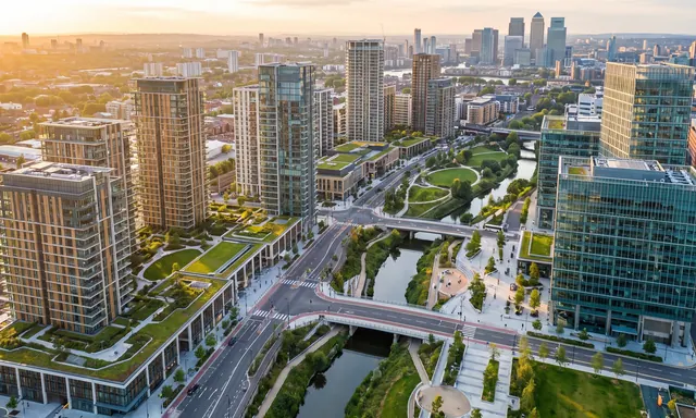 Aerial view of a mixed-use real estate masterplan development