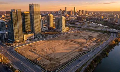 A prime vacant development land parcel on the edge of a modern city